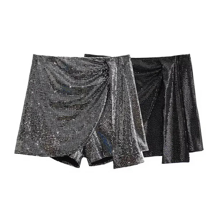 TRAF New Women Black Sequins Mini Skirts High Waist Slim Fit Skirt For Women Lace Up Y2k Vintage Chic Skirt Streetwear