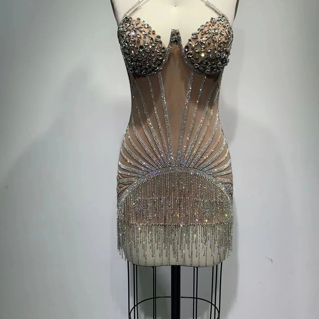 Top Hand-make Sparkly Rhinestones Women Sexy Halter Bodycon Mini Dress Chain Nightclub Bar Singer Performance Costume