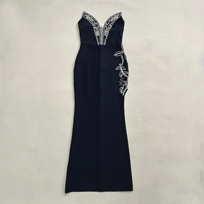 Women Shinning Crystal Strapless Off the Shoulder Bodycon Long Bandage Dress Elegant Evening Party Birthday Outfit