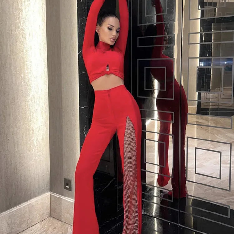 Black Red White Summer Women Rayon Bandage Sexy Wide Leg Pants Fashion Diamond Keyholes Celebrity Wear Full Length Pant