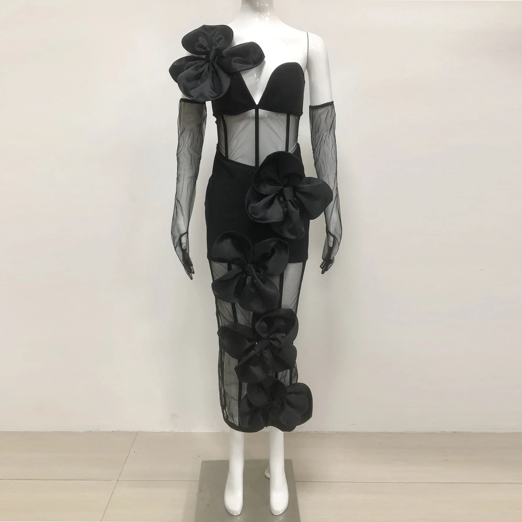 Women Sleeveless Sexy One Shoulder Floral Mesh See Through Bodycon Bandage Long Dress Celebrate Nightclub Party Wear