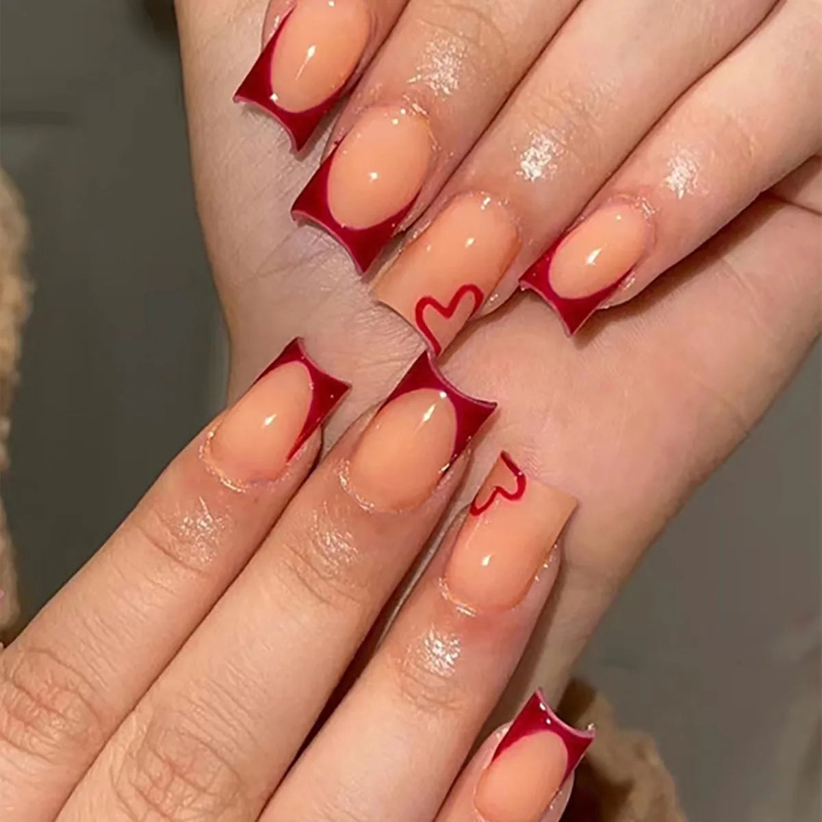 24pcs/set short sqaure almond fake nails geometric aurora gradient heart glitter designs faux ongles press on acrylic false nail