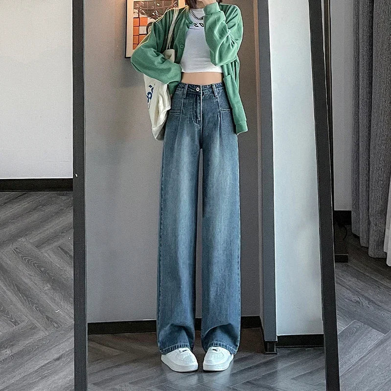American Retro 2024 Spring New Women's Wide Leg Pants Street Ladis Casual Jeans Fashion Vintage Loose Straight Trousers Vintage Blue