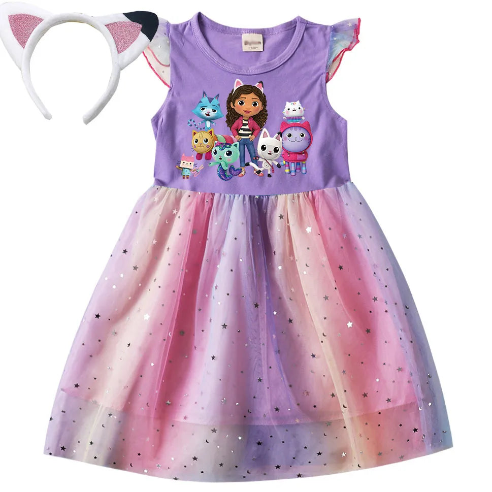 Adorable Cartoon Gabby Cats Fly Sleeve Baby Girl Dress with Bag and Headband Kids Gabby's Dollhouse Cosplay Costume G2pcs