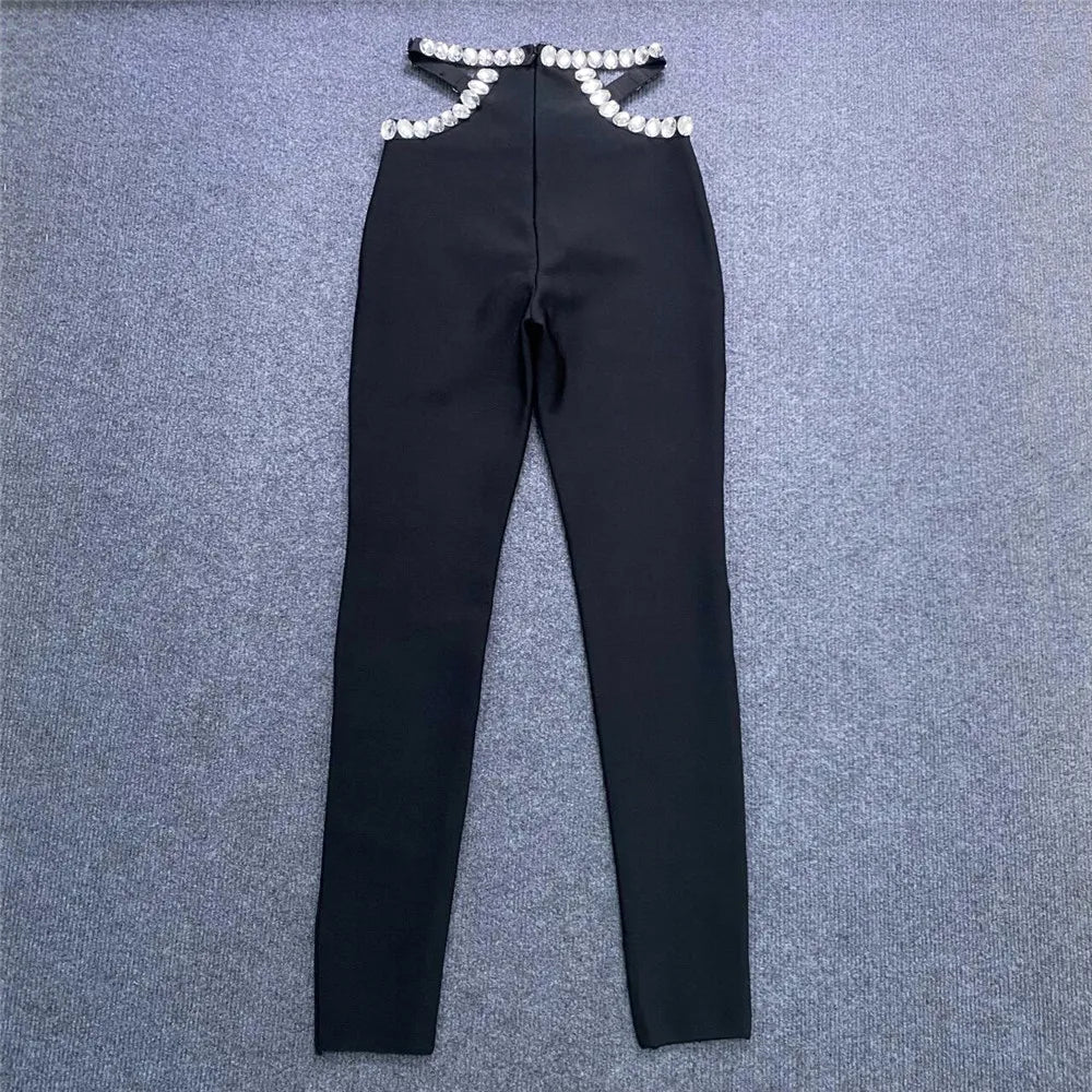 Fashion Bandage Crystal Bodycon Pants Women Sexy High Street Casual Celebrate Nightclub Party Pants