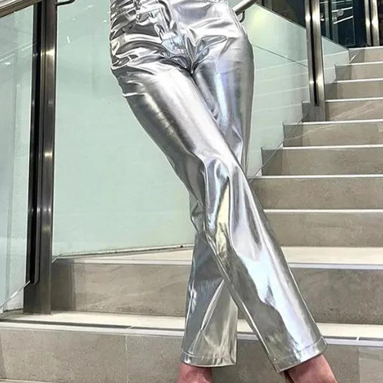 Metallic High Waist Straight Jeans Women Autumn New Printing Loose Wide Leg Denim Pants Streetwear Harajuku Vintage Silver Leather Pant