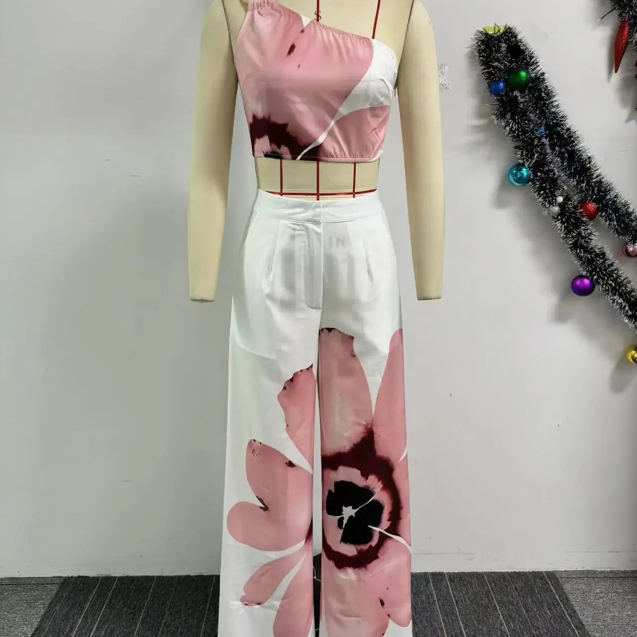 CM.YAYA Women Set Floral Print Sleeveless Skew Collar Tops +Wide Leg Pants Two 2 Piece Set Outfit 2024 Summer Street Tracksuit