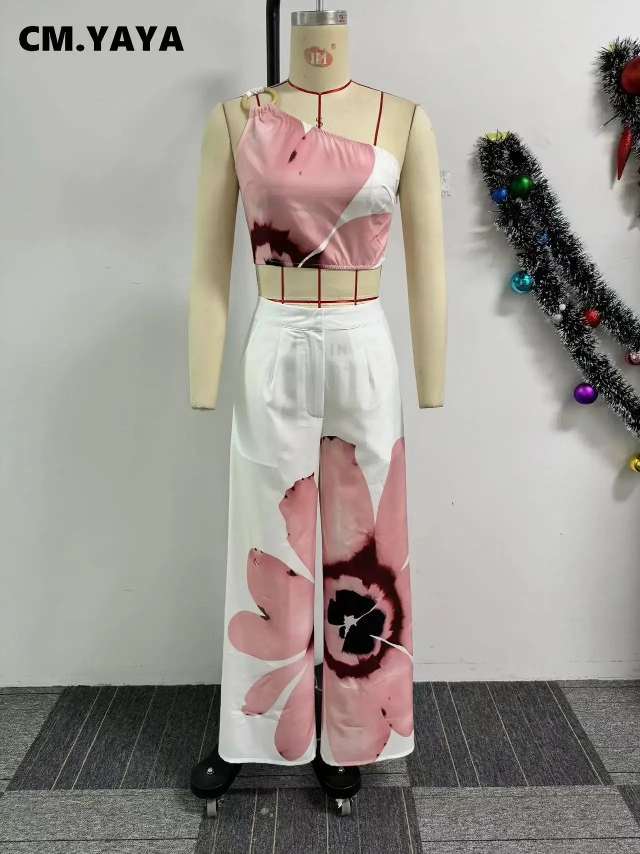 CM.YAYA Women Set Floral Print Sleeveless Skew Collar Tops +Wide Leg Pants Two 2 Piece Set Outfit 2024 Summer Street Tracksuit