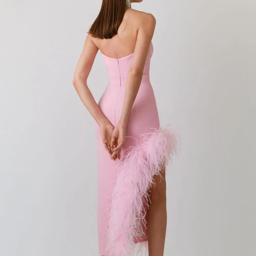 Women Spring Sexy Strapless Backless Black White Pink Feather Midi Bandage Dress 2023 Knitted Elegant Evening Club Party Dress