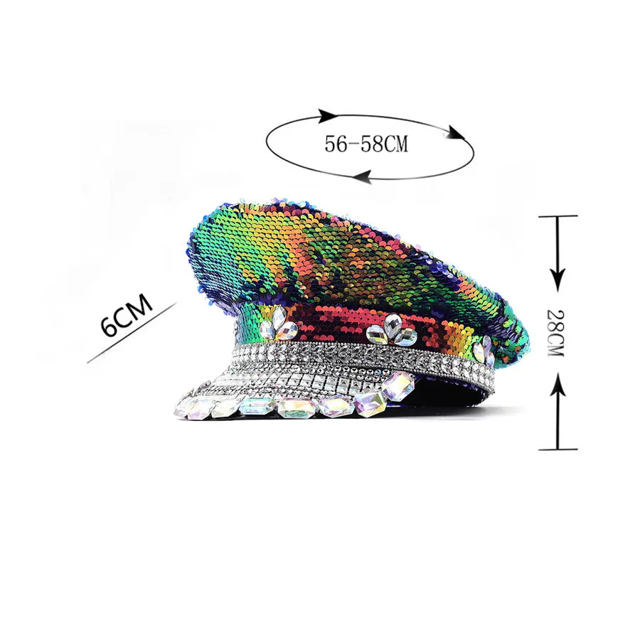 Stage Performance Bride Sergeant Hats For Women Handmade Luxury Rhinestone Hen Do Hat Sequin Burning Fashion Sailor Military Cap