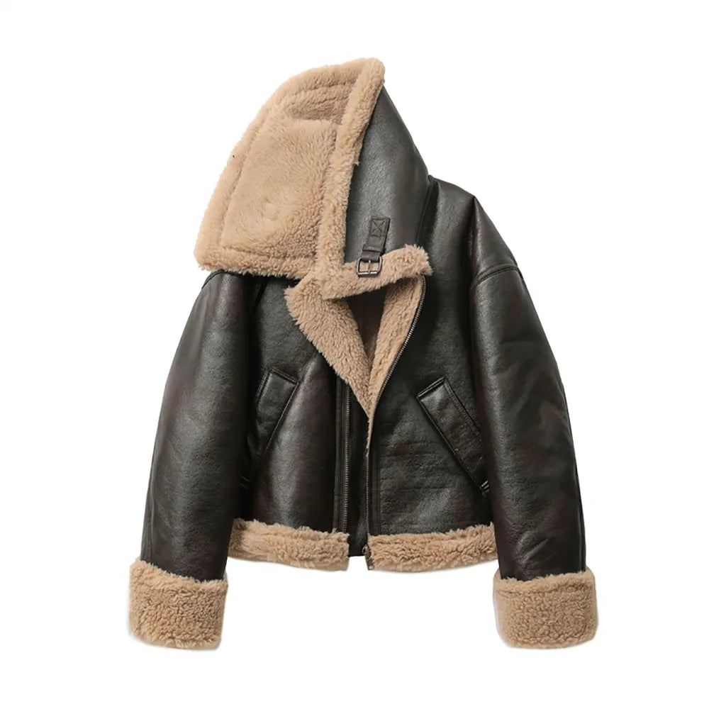 Autumn Winter New Women's Thickened Warm Double-Sided Short Jacket Femal Brown Coat Brown
