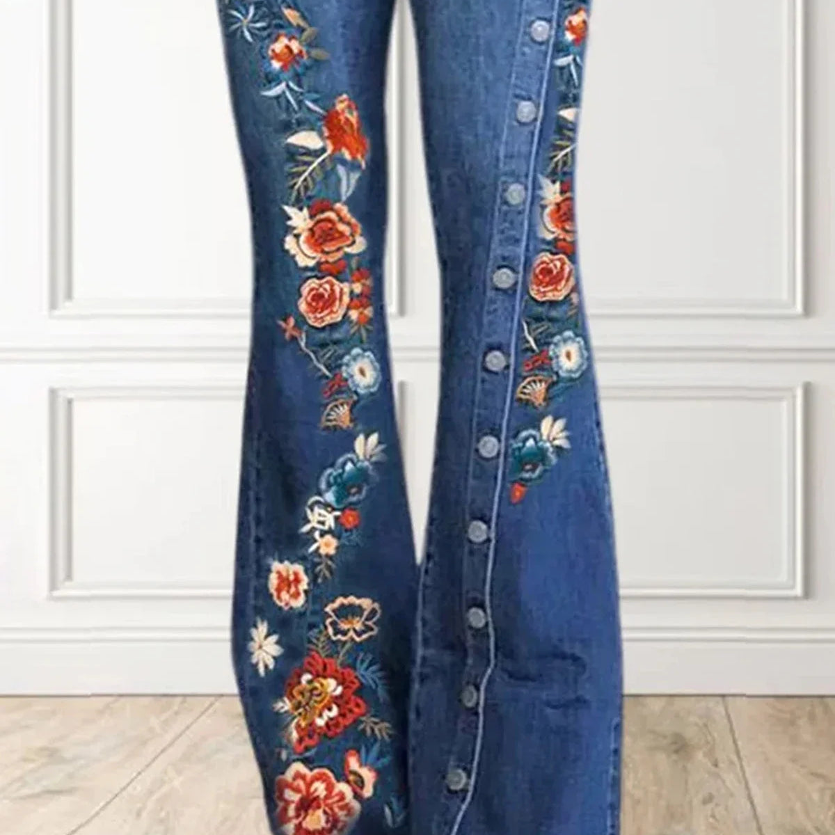 Plus Size Women Jeans Plain Button Decor Flare Leg Long Denim Pants Floral Embroidery Female High Waist Button Wide Leg Jeans