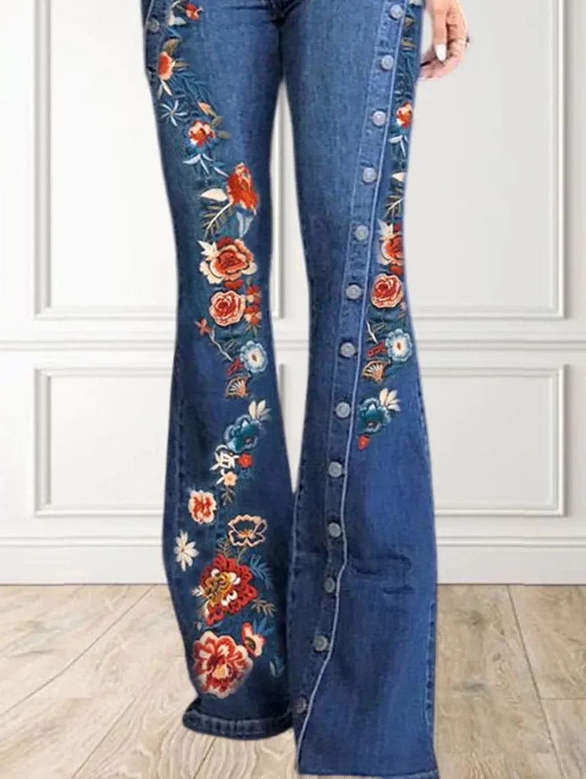 Plus Size Women Jeans Plain Button Decor Flare Leg Long Denim Pants Floral Embroidery Female High Waist Button Wide Leg Jeans