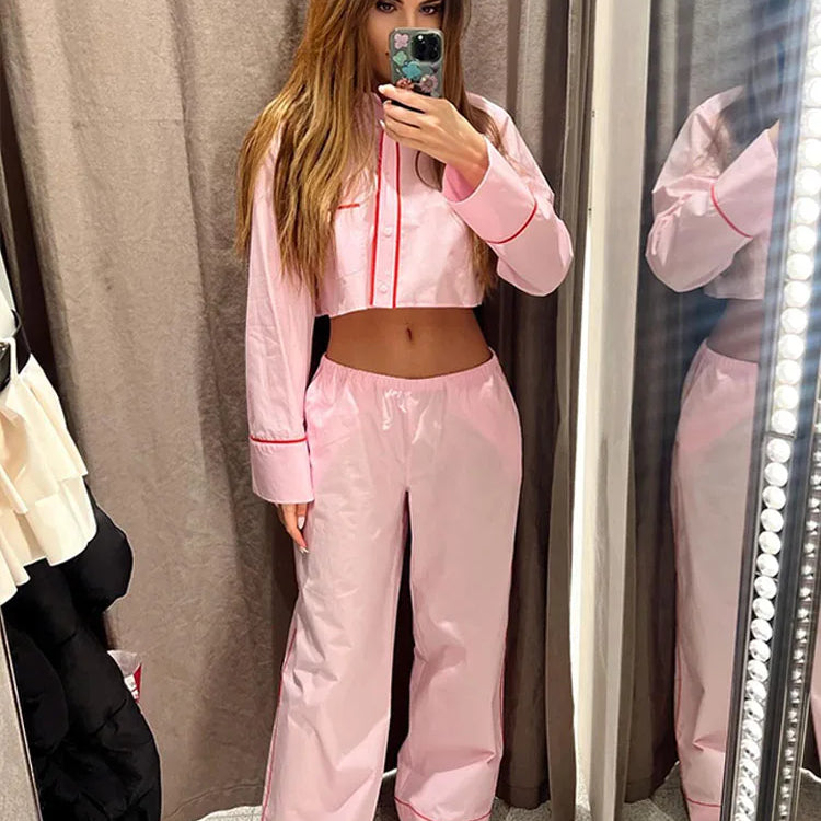 TRAFZA Woman New Fashion Suits Pink Turn-Down Collar Long Sleeves Single Breasted Short Shirts+Mid Waist Lace-Up Wide Leg Pants