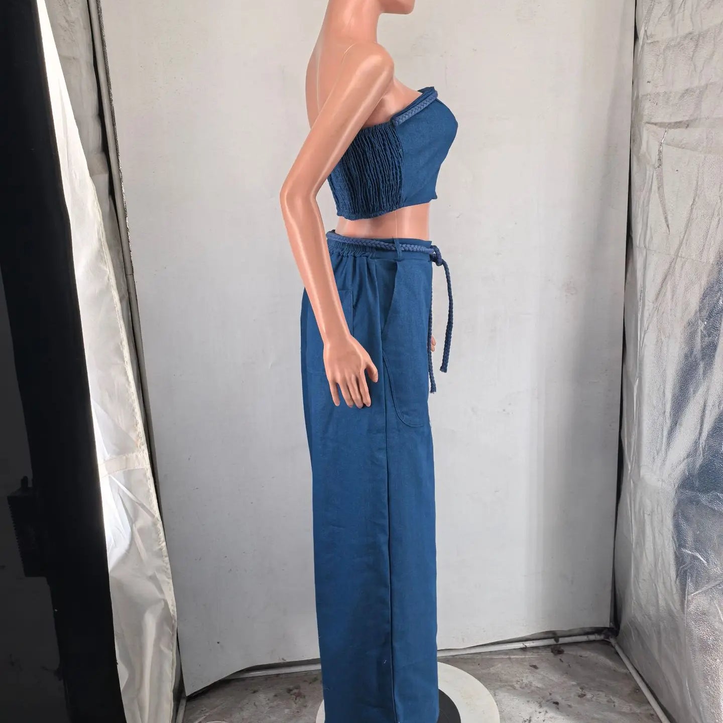 CM.YAYA Fashion Denim Women's Set Strapless Crop Top and Wide Leg Jeans Pants Suit 2024 Street Two 2 Piece Sets Outfit Tracksuit
