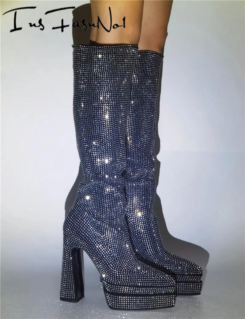 Street Style Women Knee High Boots Crystal Platform High Heel Fashion Rhinestone Boots Ladies Wedding Strass Shoes High Heels
