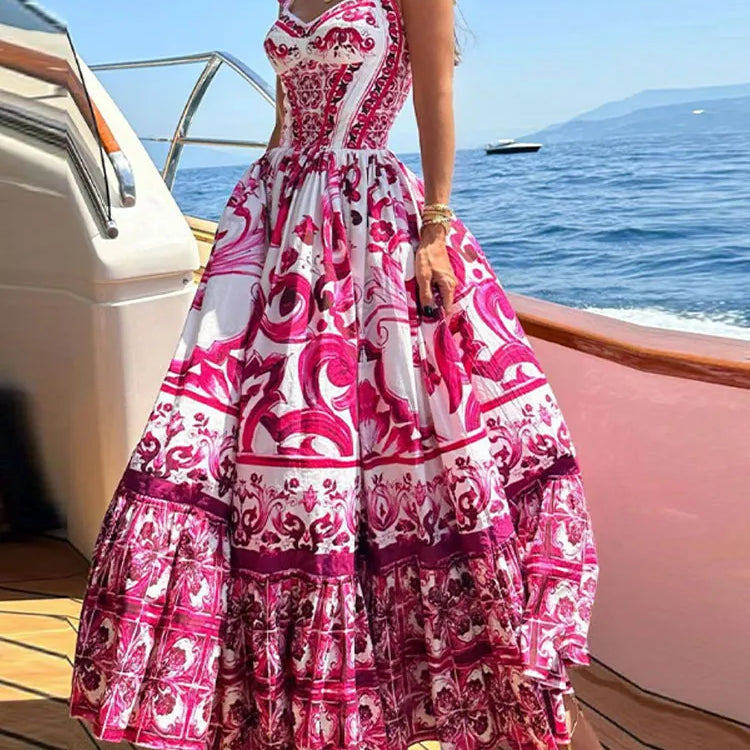 Women Sexy Printed Suspender Dress Fashion V-neck Backless High Waist Large Swing Midi Vestido Summer Female Chic Vacation Robes Red