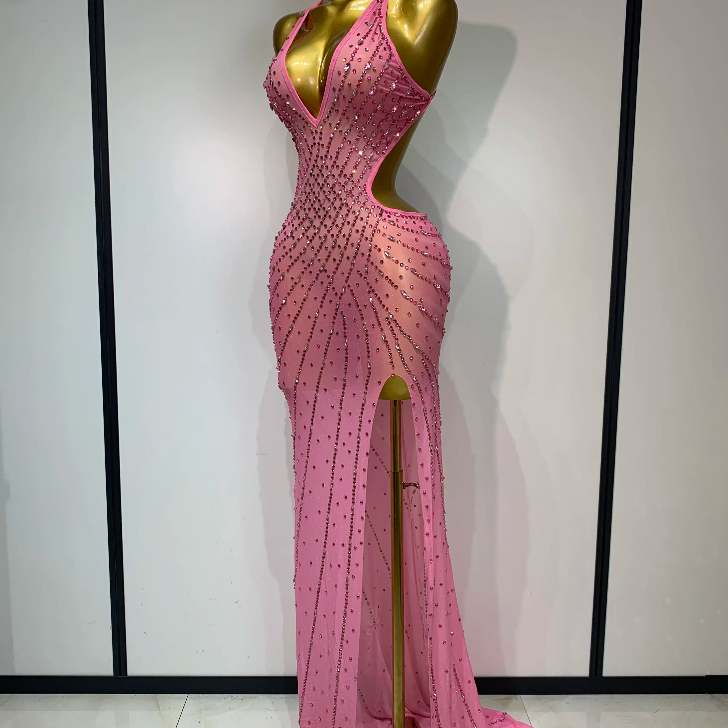 Sparkly Rhinestone Halter Mesh Transparent Dress Birthday Celebrate Evening Party Dress Women Sexy Split Backless Stage Outfit