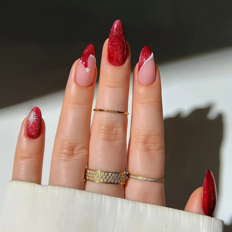 Glossy Red French Fake Nails 24Pcs Almond Press On Nails Xmas Hat Designs Full Cover Acrylic False Nails Patches DIY Manicure