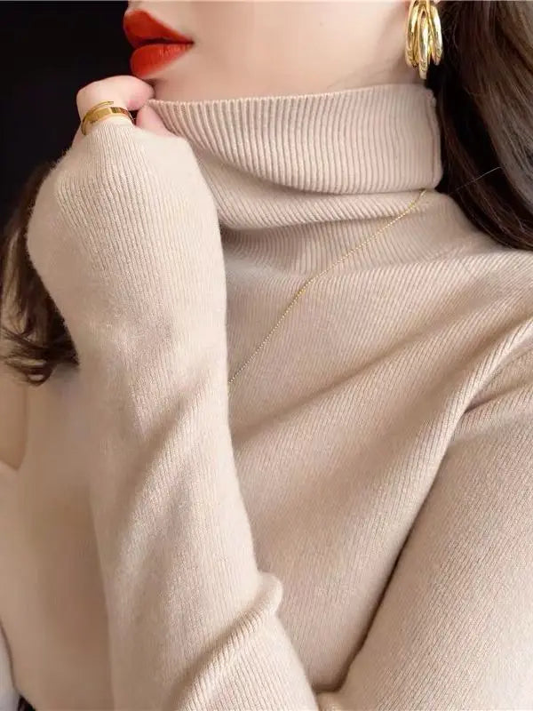 Women Turtleneck Sweaters Casual Soft Long Sleeve Pullovers Elastic Jumpers Knitwear Slim Basic Sweater For Women Autumn Winter Beige One Size
