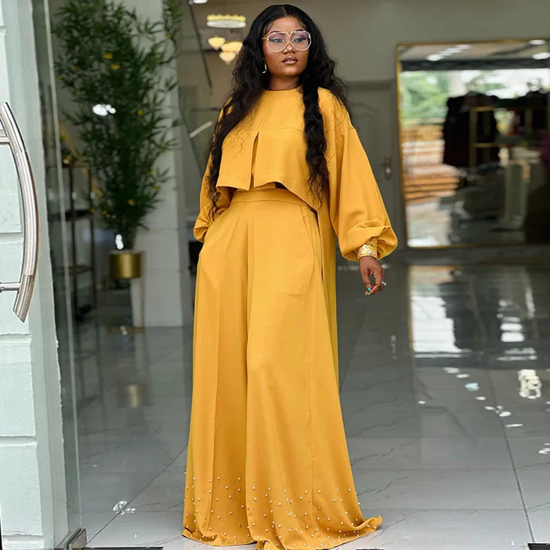 CM.YAYA Women's Set Long Sleeve High Low Maxi Blouse and Pearl Beading Wide Leg Pants 2025 Two 2 Piece Sets Outfits Tracksuit Orange