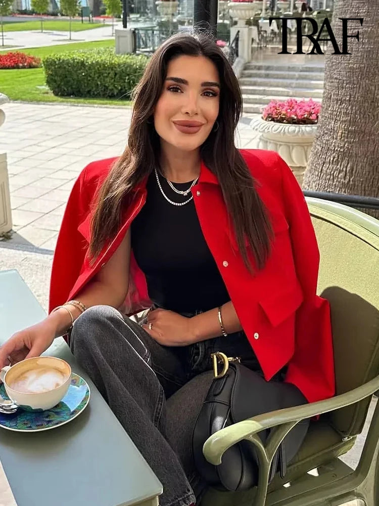 Women Fashion With Flaps Cropped Blazer Coat Vintage Long Sleeve Snap-button Female Outerwear Chic Tops