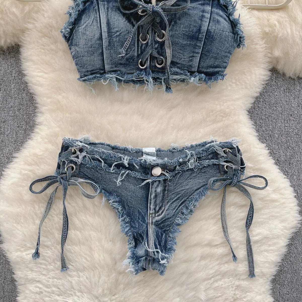 Women's Bikinis Set Summer Sexy Denim Strap Bra Vest and Low Waist Shorts Bathing Suit Swimsuit Swimwear