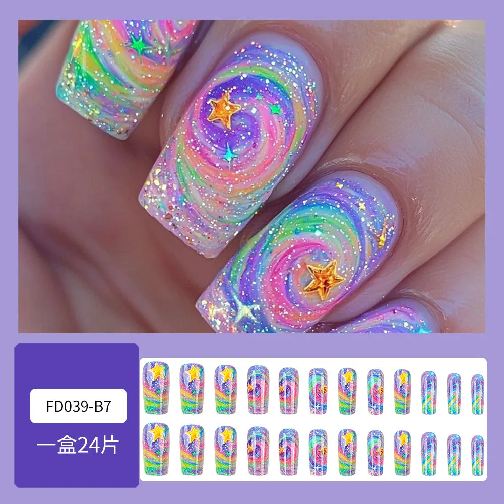 24pcs Radiant Star Gradient Press on Nails Colorful Stars Simple Nails Full Cover Wearable False Nails