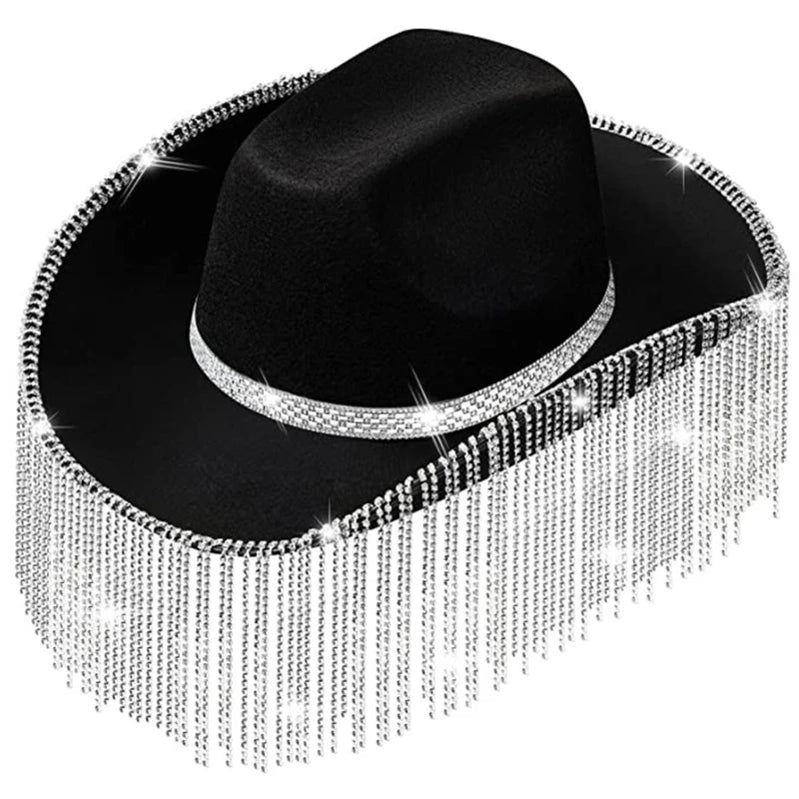 Rhinestones Cowgirl Hats Glitter Rave Cow Girl Hat with Rhinestones Fringe Adult Size Cowboy Hat for Party 3 Color Black