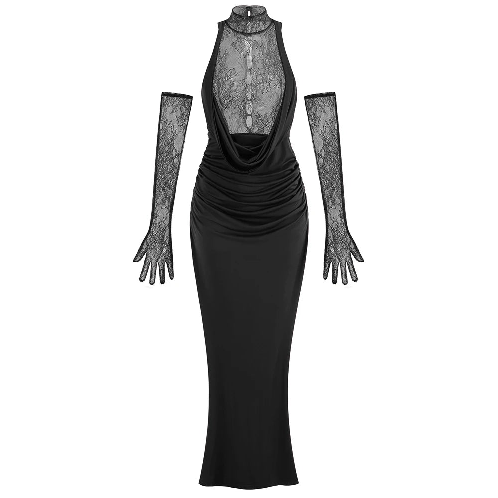 VC Glamorous Black Halter Dress with Lace Details Gloves for Fashion Events Party Evening Gown