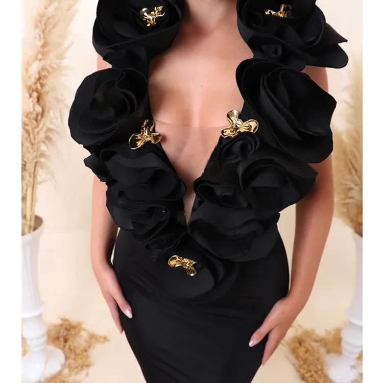 Vestido longo, sexy, com decote em V profundo e flores, estilo celebridade, preto, longo, bandagem justa, elegante, para festa noturna, 2025
