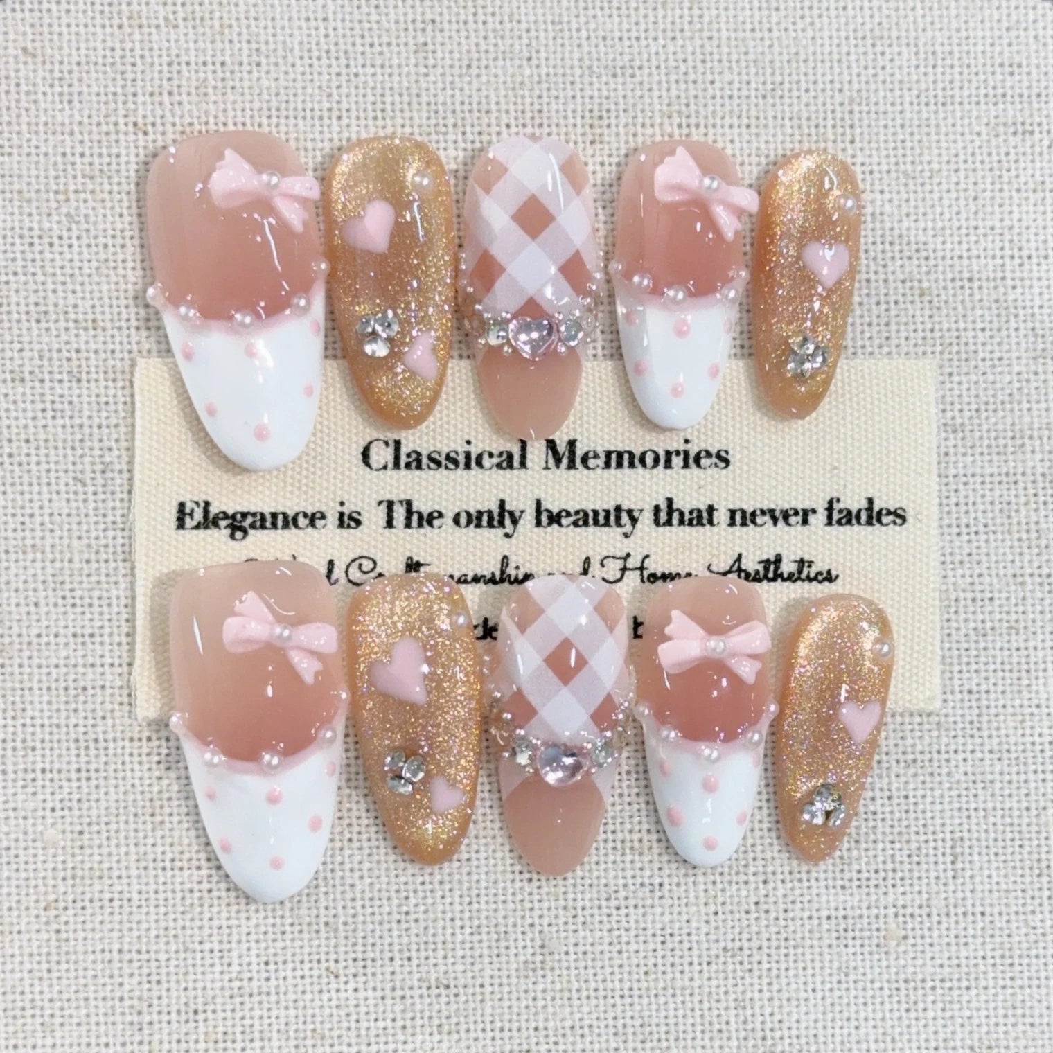 10Pcs Pink 3D Bow Design Oval Fingertips Glitter Cat Eye Mid-length Almond Press on False Nails Cute Love Princess Waerable Nail