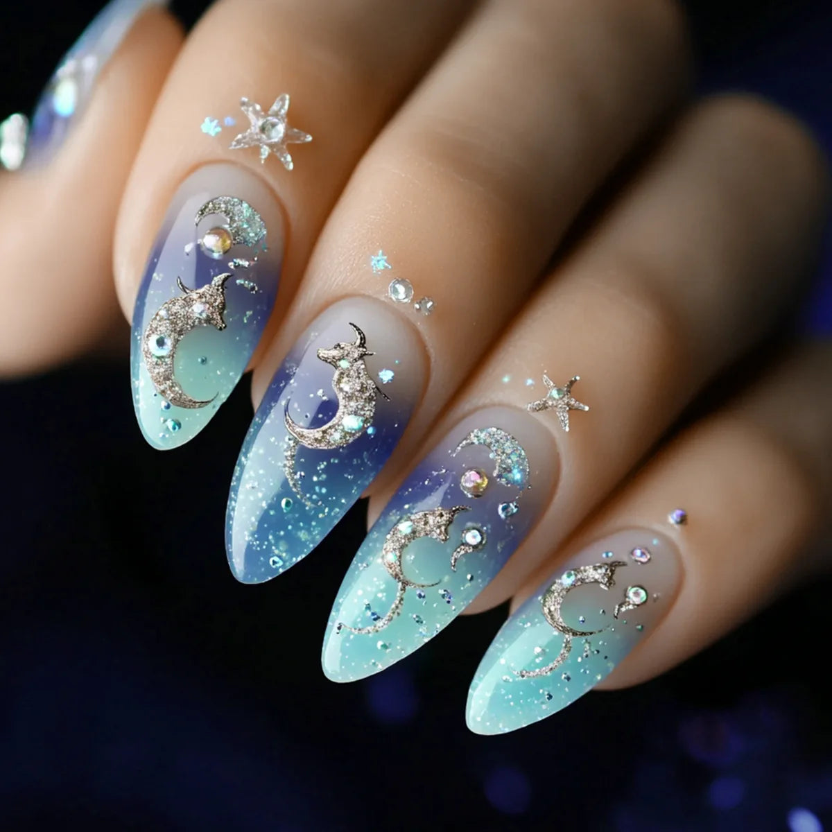 Medium fake nails for women gilrs gradient blue pink starry sky star moon Y2K design Almond nail tips press on false nail set