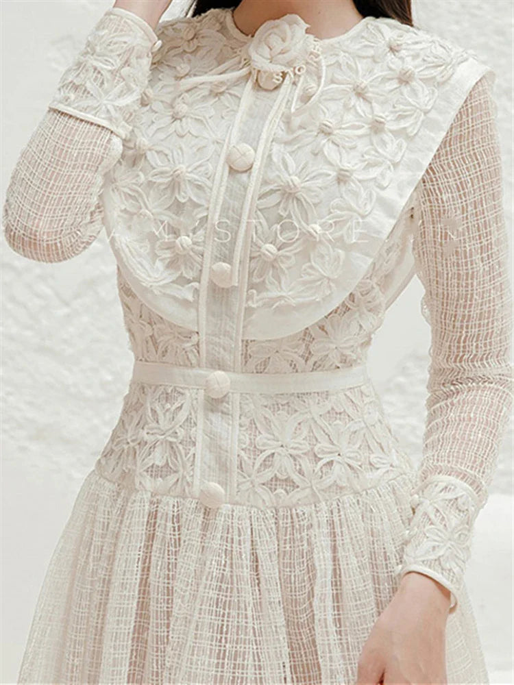 Autumn Spring Boho Elegant Party Luxury Dresses Women Dress Embroidery Lace Runway Vintage High Waist Long Sleeve Vestido Beige