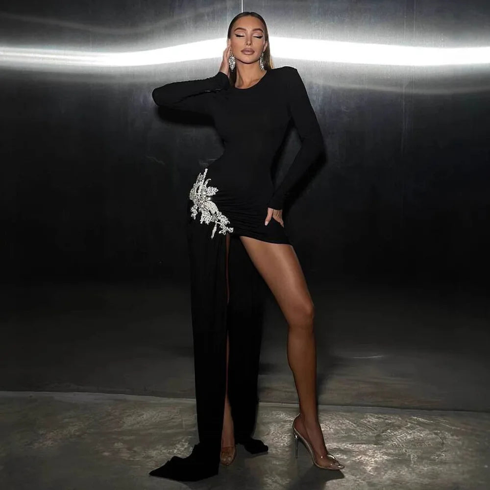 Black Color Women Long Sleeve Sexy Shinning Diamond Draped Bodycon Mini Dress Bandage Fashion Nightclub Party Outfit