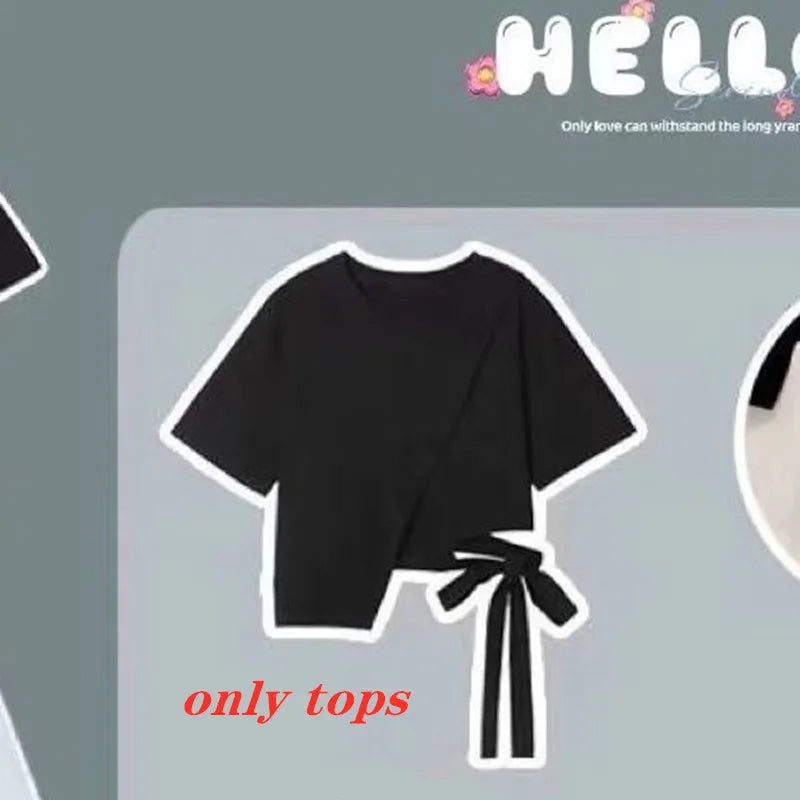 Korean Style Bow Tassel Short Sleeve T-shirt Tops Ruffle Ruffle Skirt Two-piece Elegant Women's Skirt Suit Casual Outfits black tops