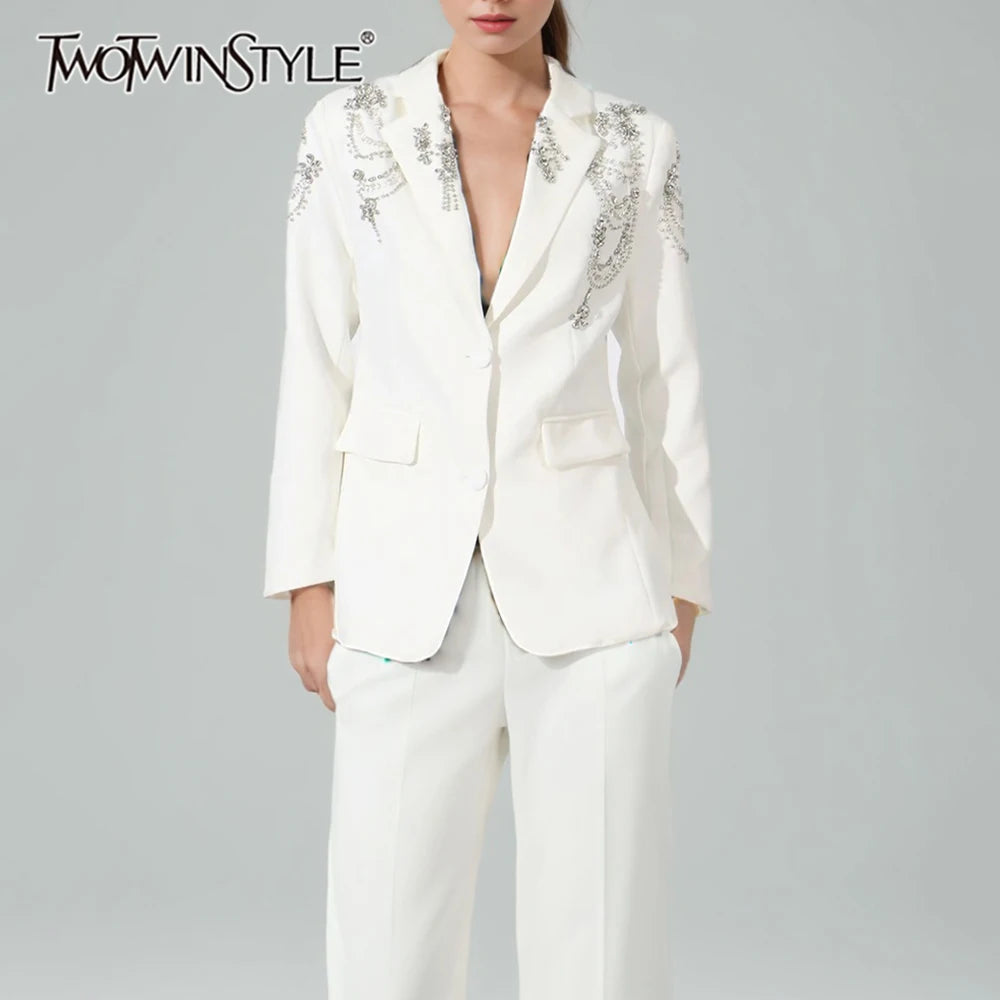 TWOTWINSTYLE Solid Spliced Diamond Luxurious Jackets for Women Lapel Long Sleeve Patchwork Pocket Elegant Jacket Female Clothing