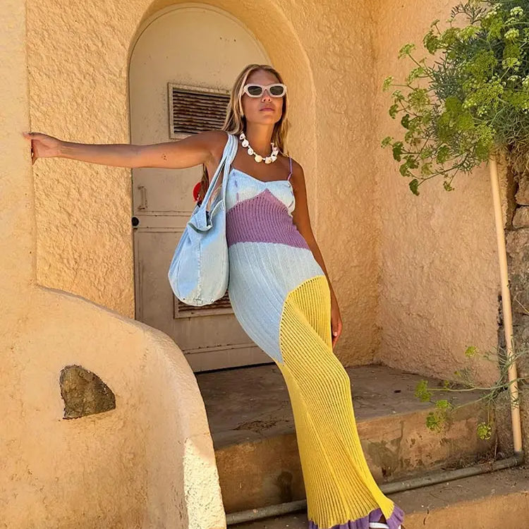 Contrast Color Patchwork Knit Dress Women Sexy Off Shoulder Sleeveless Long Dress Summer Lady Beach Holiday Party Vestidos Figure Color