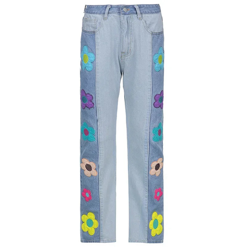 Women's Color Block Side Printed High Waist Bootcut Embroidered Trousers European and American Style Women's Pants Fashion Jeans