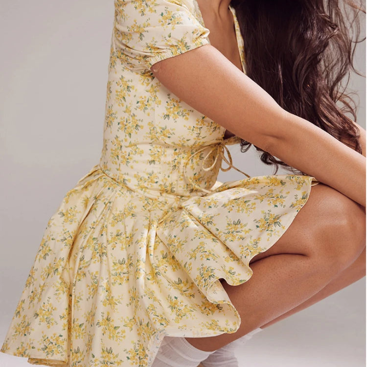 Suninheart Fashion Summer Dresses 2024 Sexy V Neck Puff Sleeve Tulle Dress Fluffy Print Holiday Party Dress Casual A Line Dress