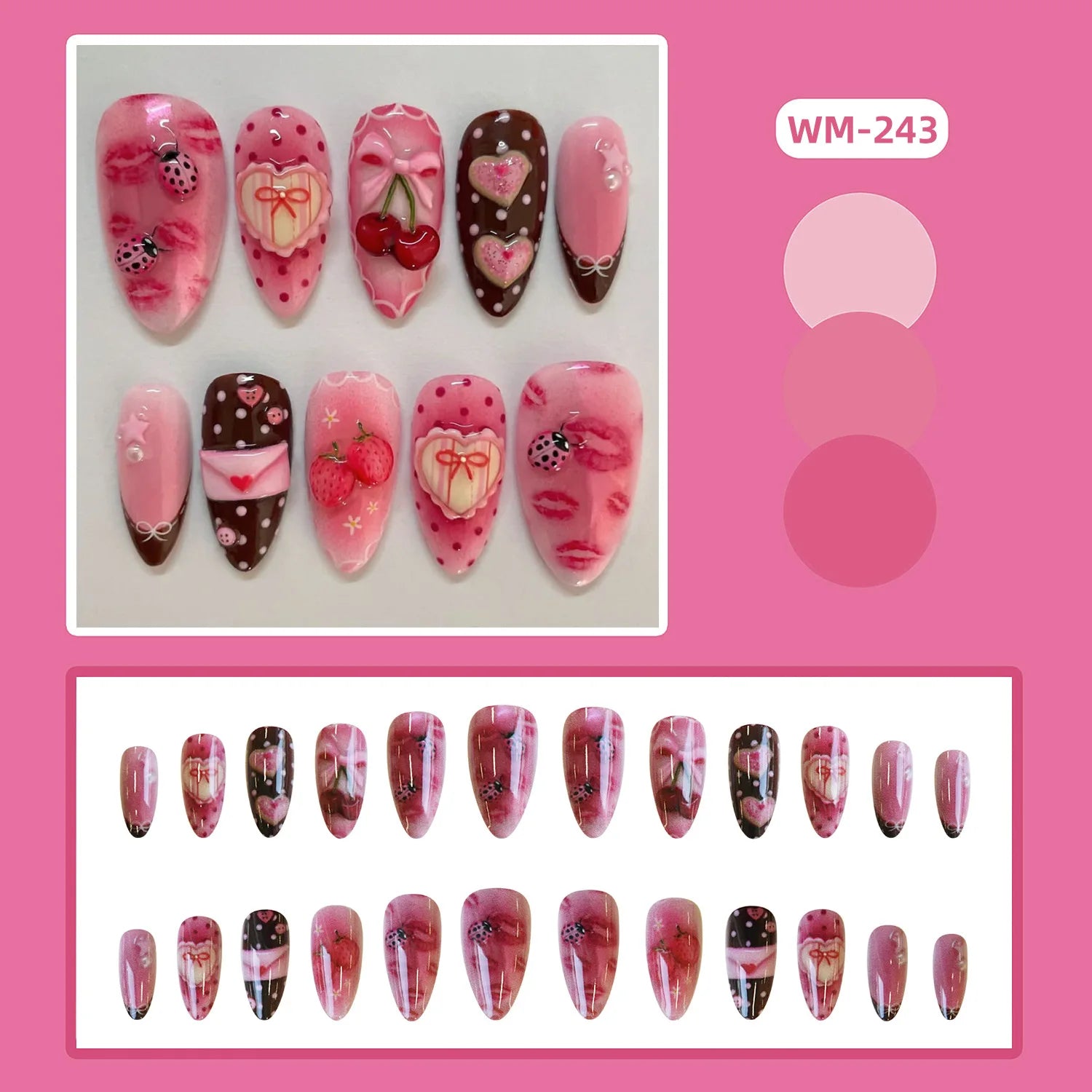24pcs Sweet Almond Press on Nails y2k Fruit Bow Print False Nail Tips Wearable Spicy Girl Sweet Cool 2D Pattern Fake Nails