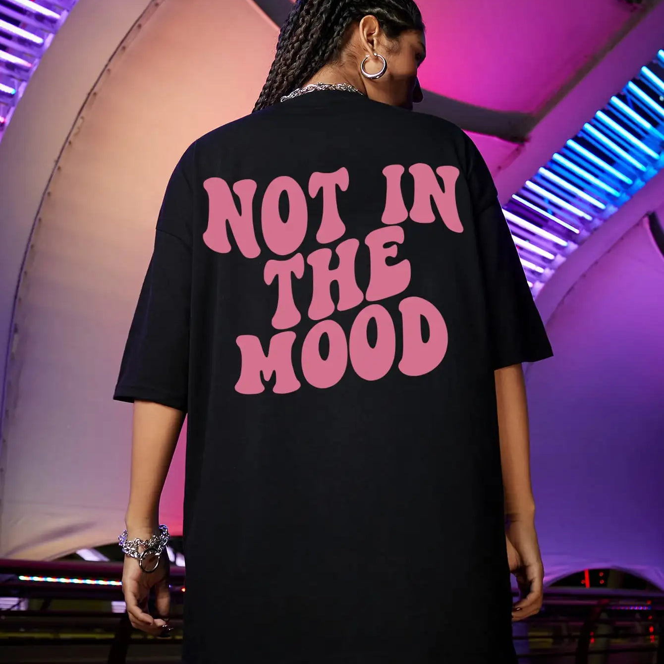 Not In The Mood Pink Letter Print T-Shirts Women Summer Cotton Clothing O-Neck Oversized Short Sleeve Breathable Casual Tshirt Black