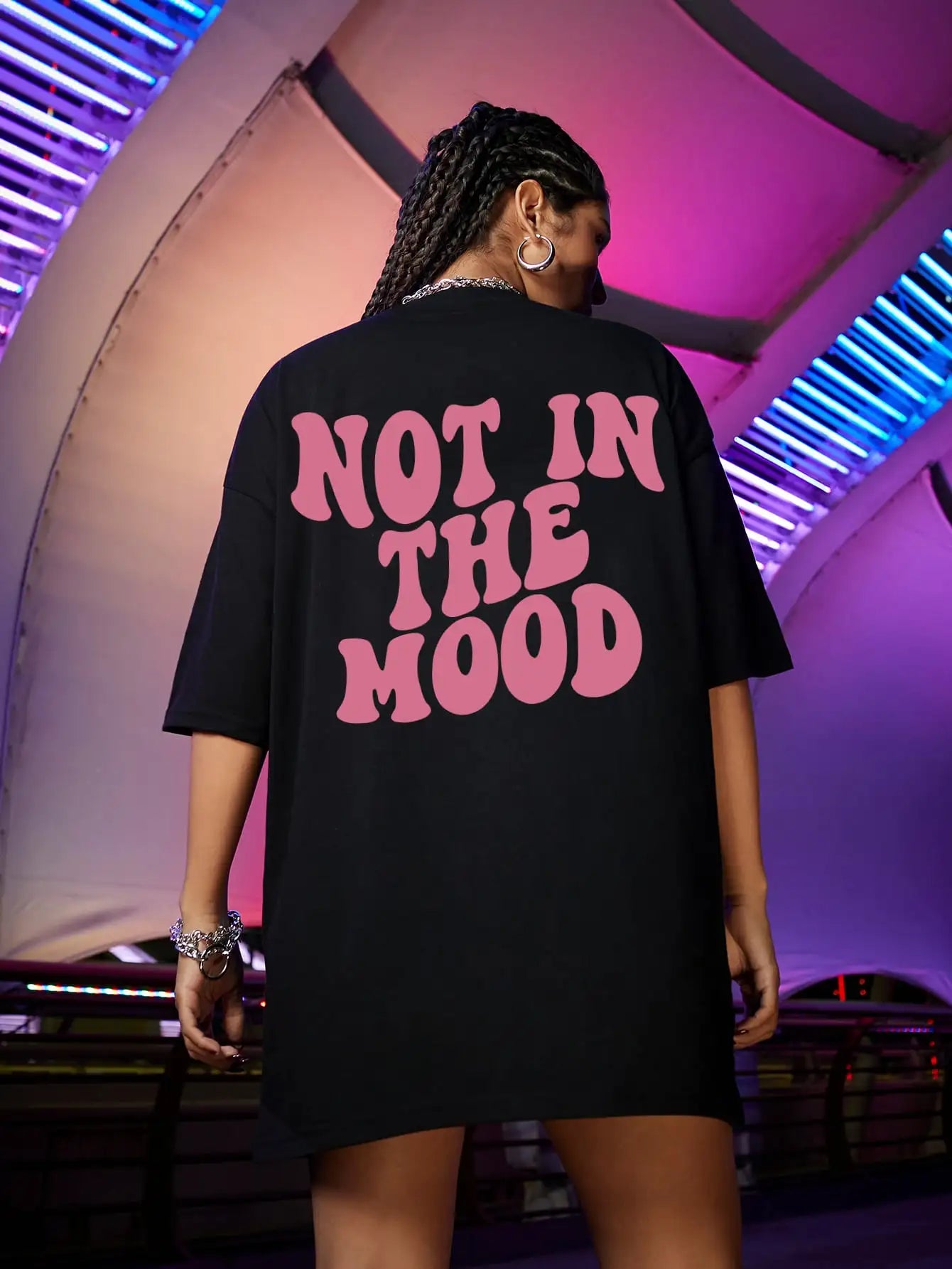 Not In The Mood Pink Letter Print T-Shirts Women Summer Cotton Clothing O-Neck Oversized Short Sleeve Breathable Casual Tshirt Black