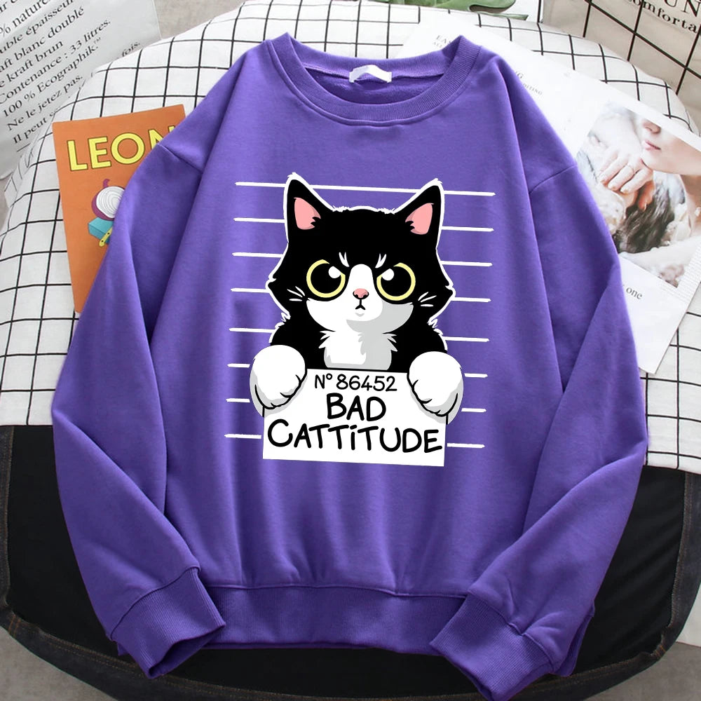Autumn Winter Womens Pullover No86452 Bad Cattitude Funny Cat Print Hoodie Fleece All-Math Sweatshirts Warm Crewneck Ladies Tops Purple