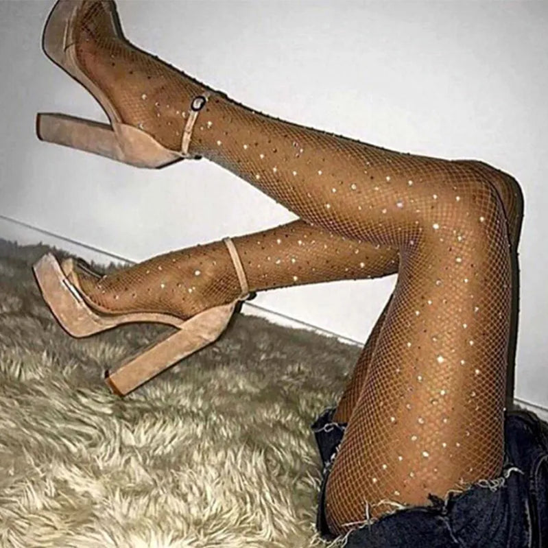 Summer Fishnet Diamond Pantyhose Women Sexy Fashion Shiny Net Tights Female Slim Rhinestone Mesh Nylon Stockings Tights Coffee One Size
