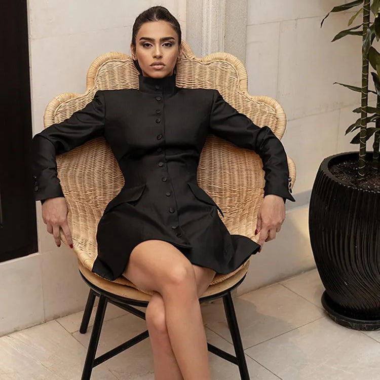 Chic Button Black Mini Dress Women Vintage Long Sleeve Solid High Collar High Waist A-line dresses Female Evening Party Vestidos