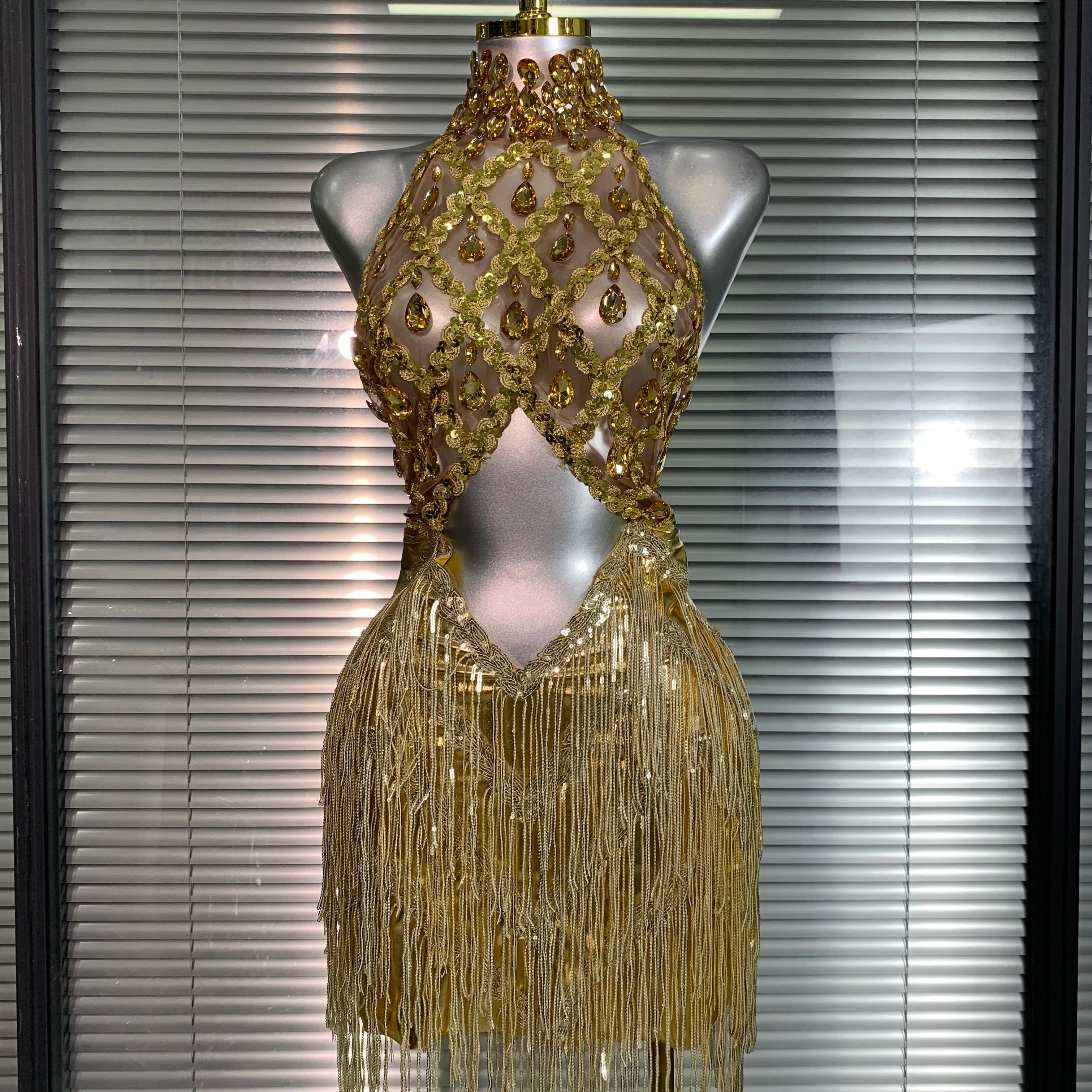 Women Sexy Mesh Tassel Crystal Diamonds Mini Performance Costume Stage Dancer See Through Stretchy Gold Night Club Party Dress