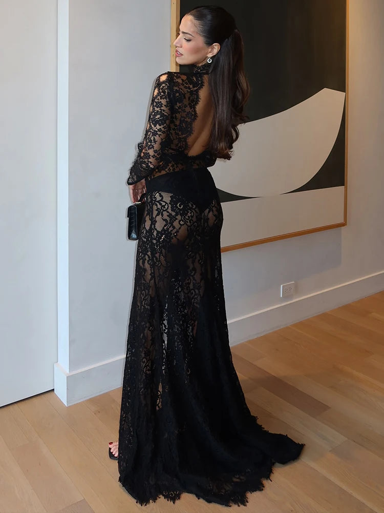 VC Black Lace Cut Out Long Dress Backless High Split Maxi Long Sleeves O Neck Celebrity Slim Cocktail Party Evening Gowns