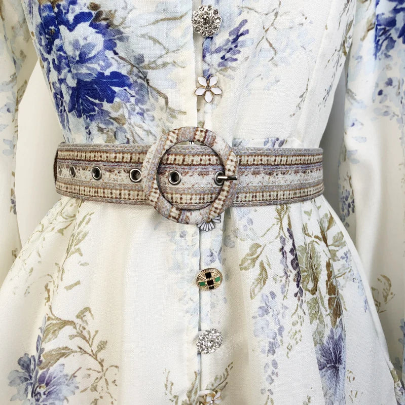 Shot In Stock 2025 Spring Summer Printed Single-Breasted Exquisite Flower Button Short A-Line Dress + Belt