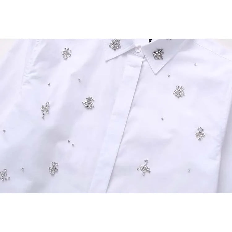 White Shirt Women Rhinestone Button up Shirts for Women Long Sleeve Shirts and Blouses Woman Asymmetric Tops